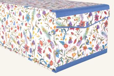 Photo box with hinged lid, Florentine paper, colorful flowers, blue edges, partially gilded